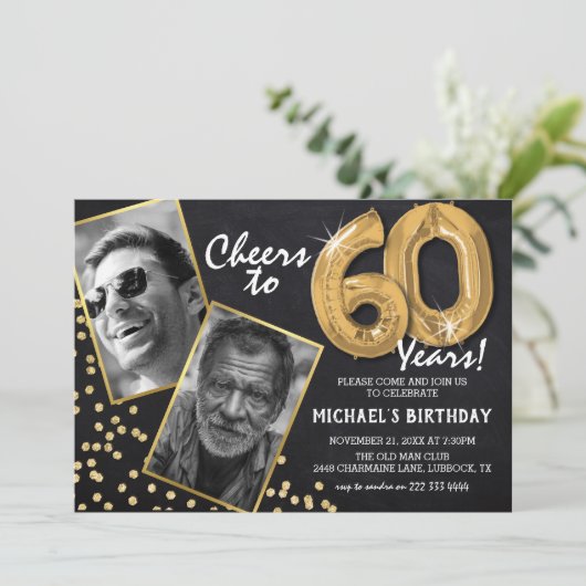 Invitation Chalkboard Gold Balloons 2 Photo 60e anniversaire (Debout devant)