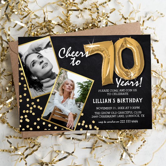 Invitation Chalkboard Gold Balloons 2 Photo 70e anniversaire