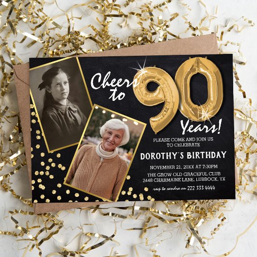 Invitation Chalkboard Gold Balloons 2 Photo 90e anniversaire
