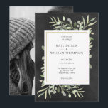 Invitation Chalkboard Gold Géométrique Verdure Mariage photo<br><div class="desc">Doté de délicats feuilles d'aquarelle sur un arrière - plan chic en damier. Cet élégant faire-part de mariage botanique peut être personnalisé avec votre photo et détails spéciaux de jour de mariage dans la typographie chic. Conçu par Thisisnotme©</div>