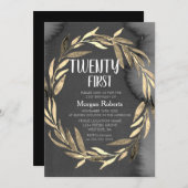 Invitation Chalkboard Gold Leaf Wreath 21e fête d'anniversair (Devant / Derrière)