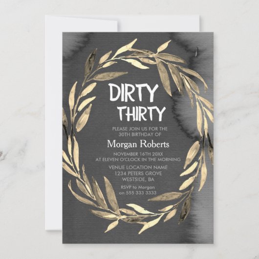 Invitation Chalkboard Gold Leaf Wreath 30th Birthday Party (Devant)
