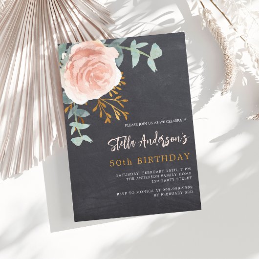 Invitation Chalkboard gris ose or fleuri luxe anniversaire