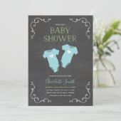 Invitation Chalkboard Hearts Twin Boys Baby shower bleu (Debout devant)