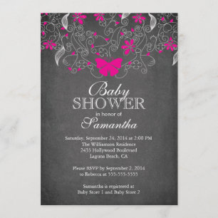 Invitation Chalkboard Hot rose Butterfly Baby shower fille