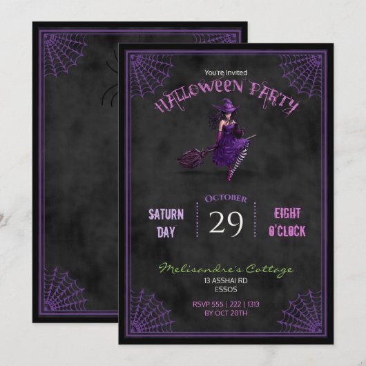 Invitation Chalkboard Jolie Sorcière sur Broom Halloween (Devant / Derrière)