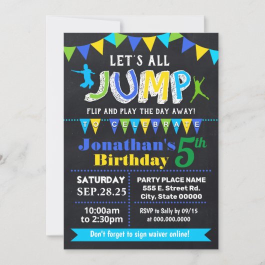 Invitation Chalkboard Jump anniversaire trampoline bleu fête (Devant)