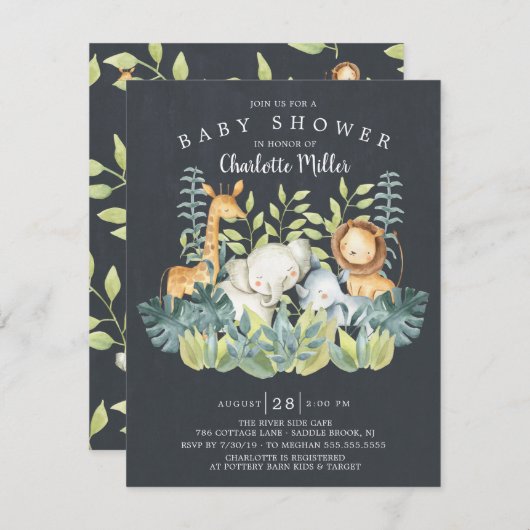 Invitation Chalkboard Jungle Animaux Baby shower neutre (Devant / Derrière)