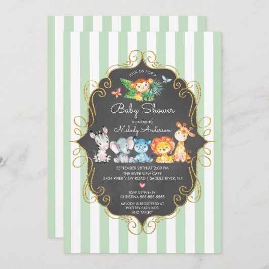Invitation Chalkboard Jungle Animaux Baby shower neutre (Devant / Derrière)