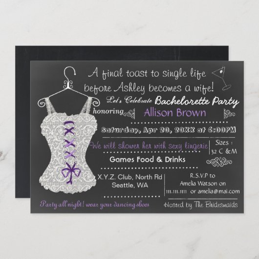 Invitation Chalkboard Lace Lingerie Douche Bachelorette (Devant / Derrière)