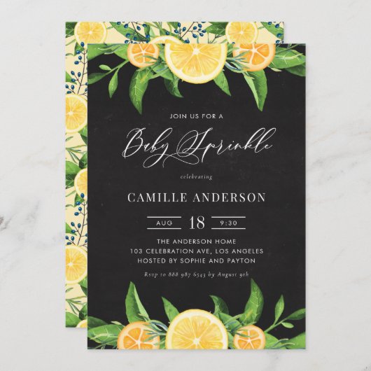 Invitation Chalkboard Lemons et Oranges Été Bébé Parsemer (Devant / Derrière)