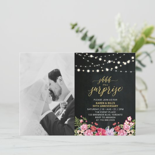 Invitation Chalkboard & Lights Photo 50e anniversaire du Mari (Debout devant)