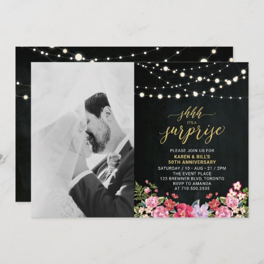 Invitation Chalkboard & Lights Photo 50e anniversaire du Mari (Devant / Derrière)