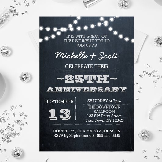Invitation Chalkboard Lights Silver 25e anniversaire Sm