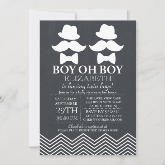Invitation Chalkboard Little Man Mustache TWINS Baby shower (Devant)