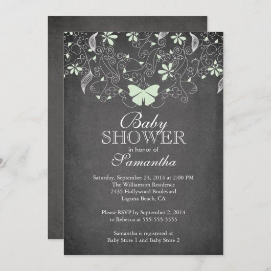 Invitation Chalkboard Lumière Beurre Vert Baby shower fille p (Devant / Derrière)