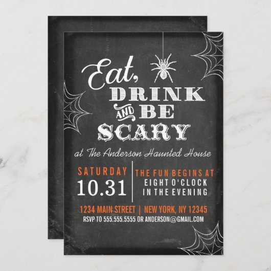 Invitation Chalkboard Mangez Boire et soyez effrayant Hallowe (Devant / Derrière)