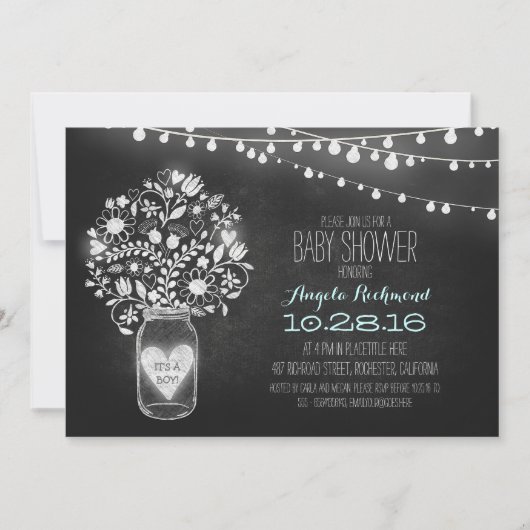Invitation chalkboard mason bocal & lumières Baby shower invi (Devant)