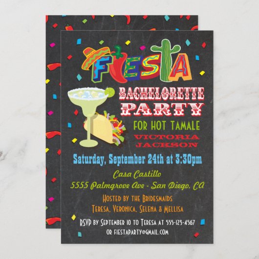 Invitation Chalkboard Mexicaine Fiesta Bachelorette (Devant / Derrière)