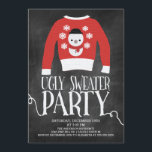 Invitation Chalkboard mignon Douleur moche fête de vacances<br><div class="desc">Chalkboard moderne Tacky ougly sweater party invitation avec un pull rouge avec des flocons de neige blancs et un bonhomme de neige avec typographie lettrée à la main en blanc texturé.</div>