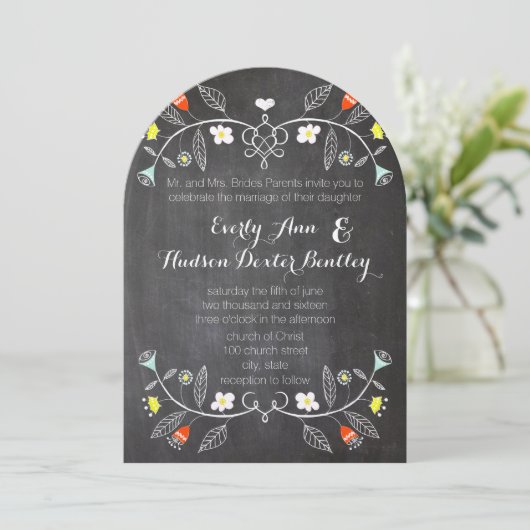 Invitation Chalkboard Mint Orange Floral Garland Mariage (Debout devant)