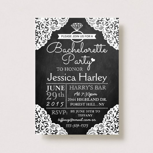 Invitation Chalkboard moderne et Bachelorette en dentelle bla