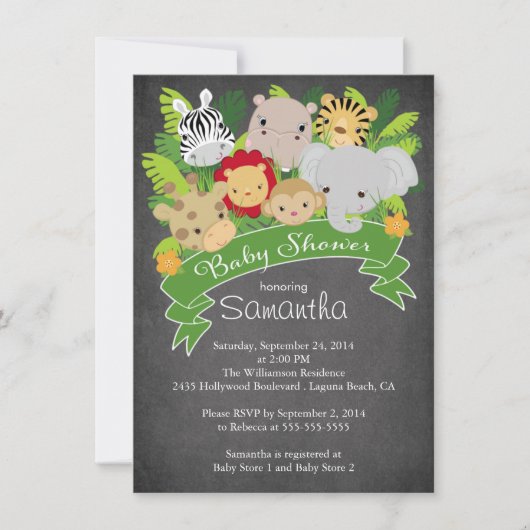 Invitation Chalkboard moderne Jungle Safari Baby shower anima (Devant)
