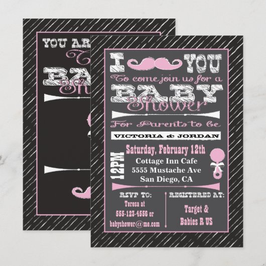 Invitation Chalkboard Mustache Fille Baby shower Party (Devant / Derrière)
