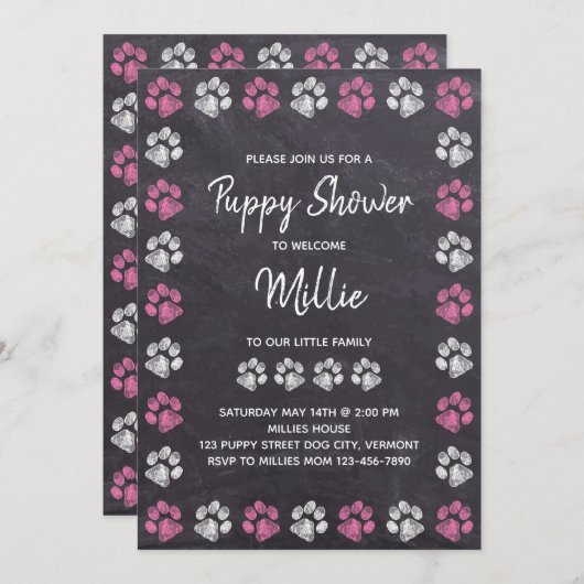 Invitation Chalkboard Nouveau animal rose chien Chien Chien C (Devant / Derrière)