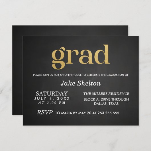 Invitation Chalkboard Open House Graduation Gold Grad (Devant / Derrière)