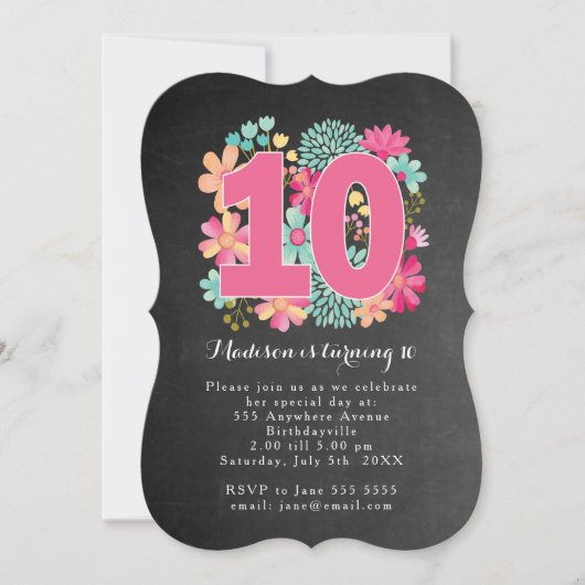 Invitation Chalkboard Painted Floral 10e fête d'anniversaire (Devant)