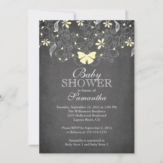 Invitation Chalkboard Papillon jaune Baby shower neutre (Devant)