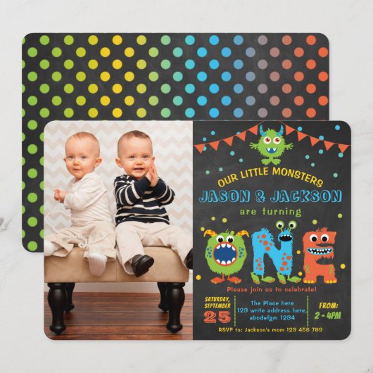 Invitation Chalkboard petits jumeaux monstre 1ère fête d'anni (Devant / Derrière)