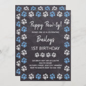 Invitation Chalkboard Puppy Pawty Blue Chien Anniversaire (Devant / Derrière)