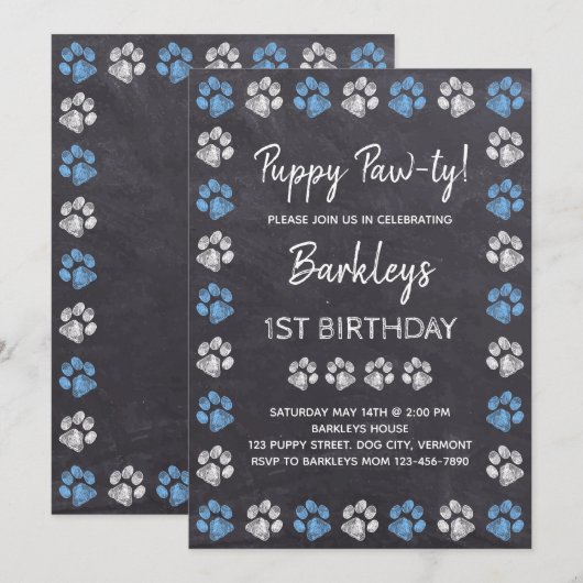 Invitation Chalkboard Puppy Pawty Blue Chien Anniversaire (Devant / Derrière)