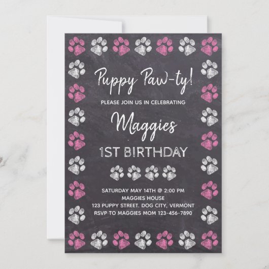 Invitation Chalkboard Puppy Pawty Chien Anniversaire (Devant)