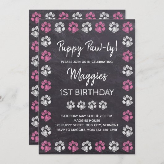 Invitation Chalkboard Puppy Pawty Chien Anniversaire (Devant / Derrière)