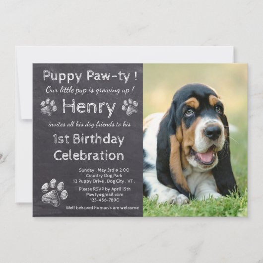Invitation Chalkboard Puppy Pawty - Pet Photo pour animaux de (Devant)