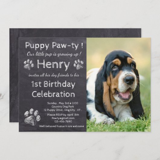 Invitation Chalkboard Puppy Pawty - Pet Photo pour animaux de (Devant / Derrière)