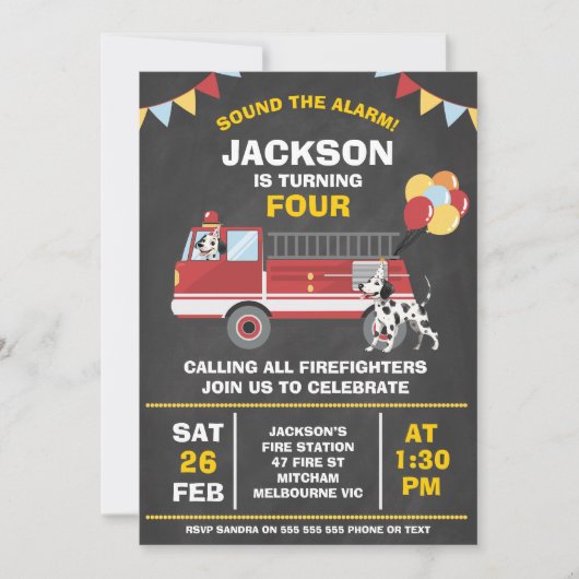Invitation Chalkboard Red Firefighter Fire Engine Anniversair (Devant)