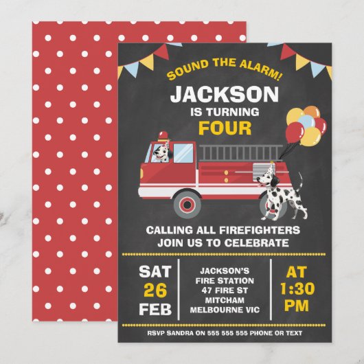 Invitation Chalkboard Red Firefighter Fire Engine Anniversair (Devant / Derrière)