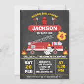 Invitation Chalkboard Red Firefighter Moteur d'incendie Anniv (Devant)