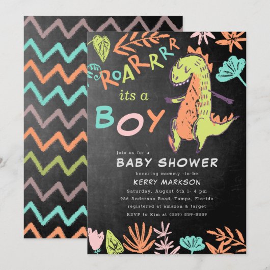 Invitation Chalkboard Roar est un Baby shower Boy Cute Dino (Devant / Derrière)