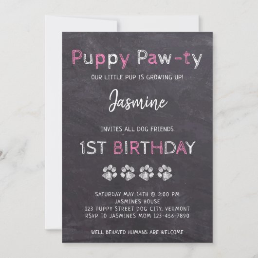 Invitation Chalkboard rose chiot chien pawty Anniversaire (Devant)