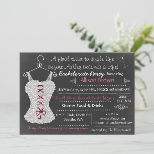 Invitation Chalkboard rose dentelle Lingerie Douche Bachelore (Debout devant)
