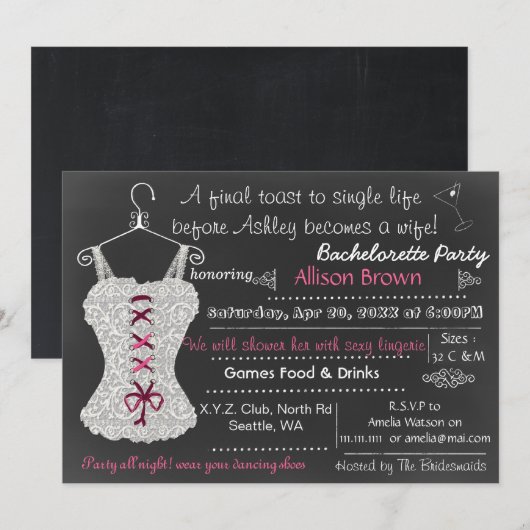 Invitation Chalkboard rose dentelle Lingerie Douche Bachelore (Devant / Derrière)