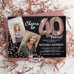 Invitation Chalkboard RoseGold Balloons 2 Photo 40e anniversa<br><div class="desc">Fêter le BIG 40 ! Ces invitations vous permettent de télécharger une photo avant et après de l'homme ou de la femme d'anniversaire dans un cadre rose en or, avec le titre "Cheers to 40 Years!". Doté d'un arrière - plan rustique en damier, de ballons d'hélium faux rose à quarante...</div>