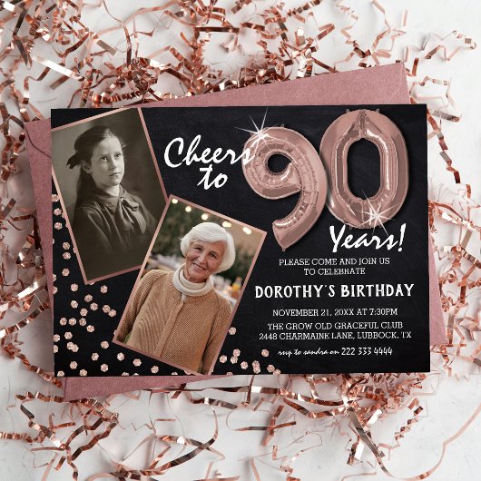 Invitation Chalkboard RoseGold Balloons 2 Photo 90e anniversa