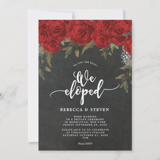 Invitation chalkboard roses rouges modernes nous avons fui l' (Devant)