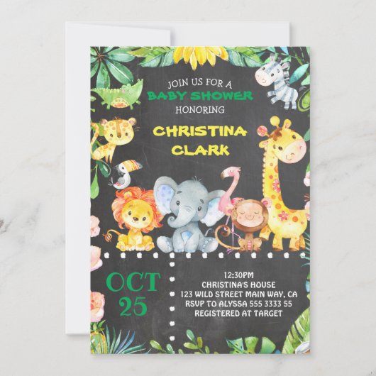 Invitation Chalkboard Safari Jungle Animaux Baby shower (Devant)